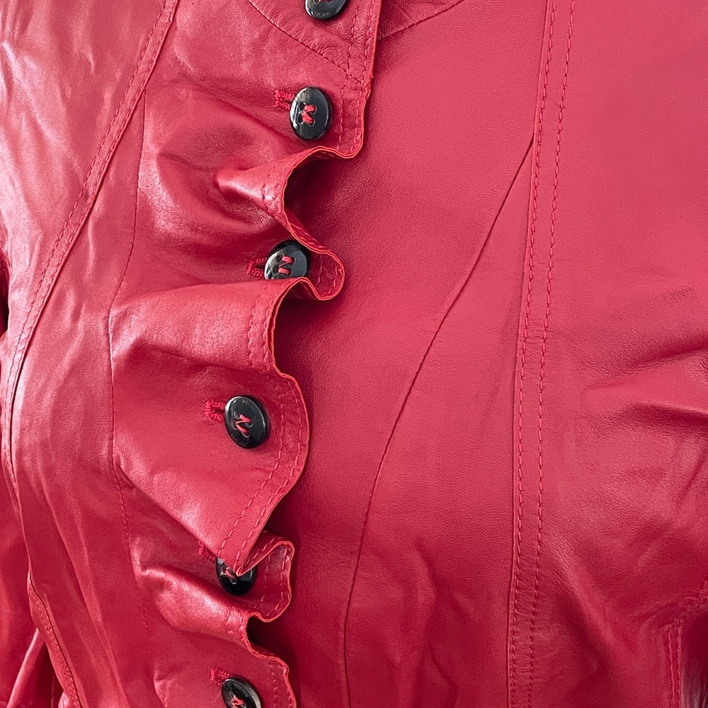 Escada Red Leather Blazer with Ruffle Detail - Picture 3 of 7